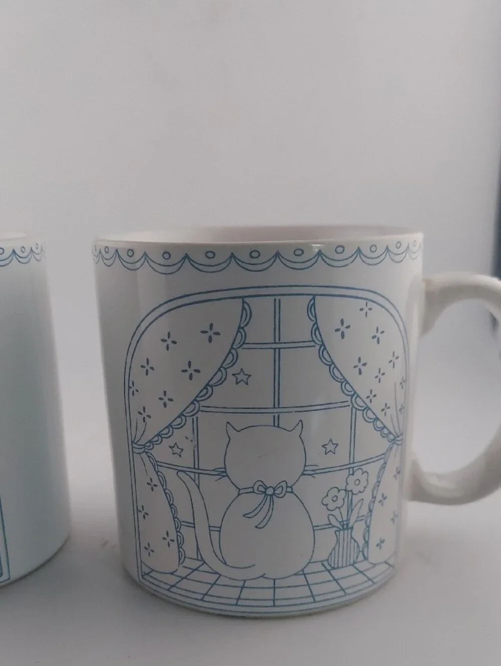 Vintage White Mugs with Light Blue Cat Print - Set of 2